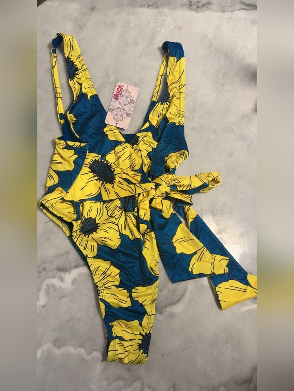 Swim Women Floral Tie Swim One Piece in Yellow & Blue